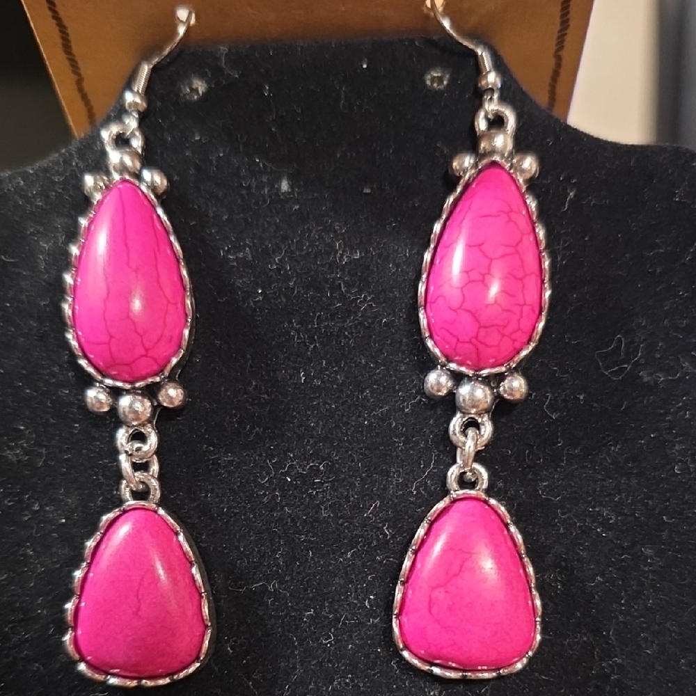 Pink Turquoise and Silver Dangle Earrings
